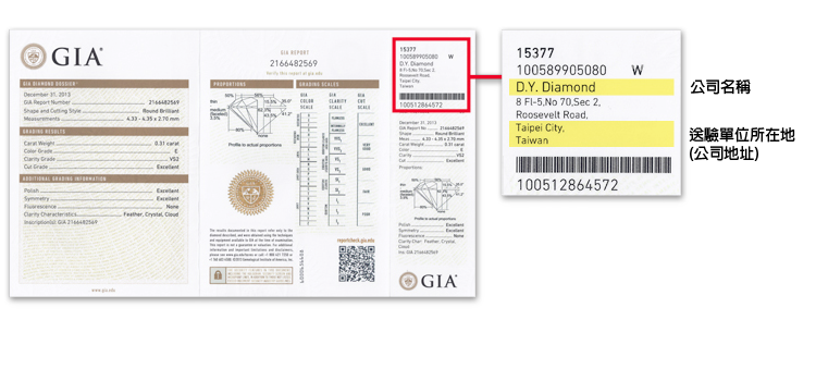 GIA證書第三聯的資料，主要記載著鑽石送驗單位的資料，非鑽石切割地證明